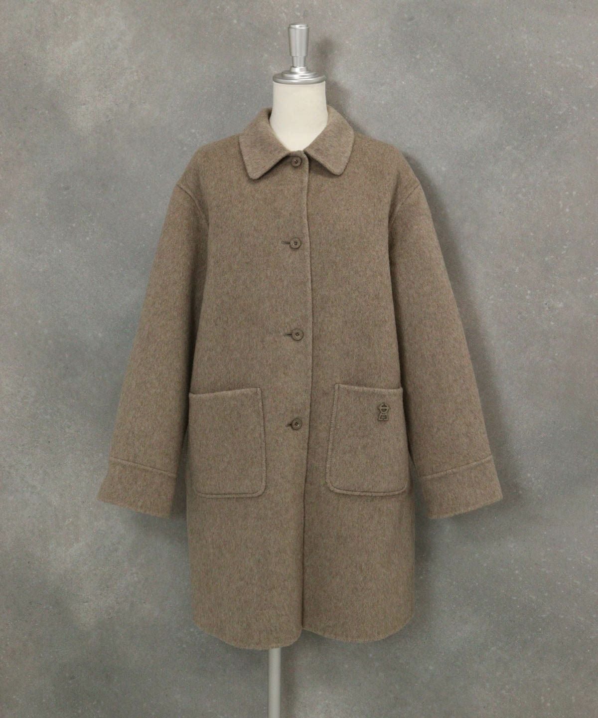 ウール混ミドル丈リバーコート（ブラウン）