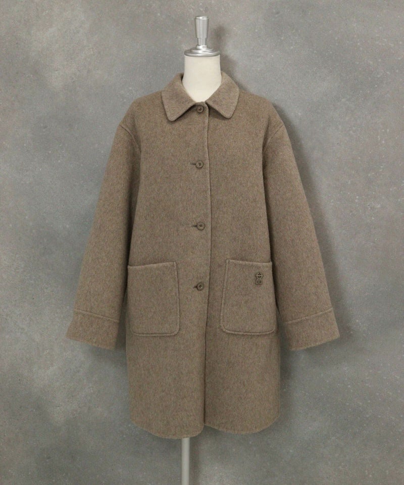 ウール混ミドル丈リバーコート（ブラウン）