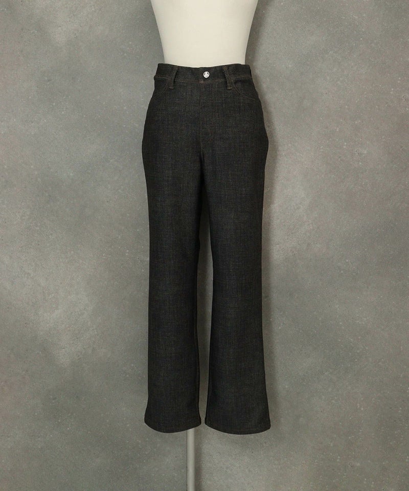 バック刺繍デニム風裏起毛パンツ(ブラック)前