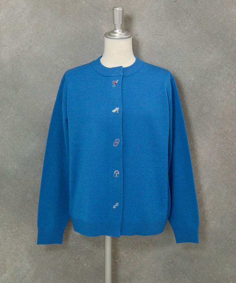 ウール混ボタン風刺繍カーディガン（ブルー）