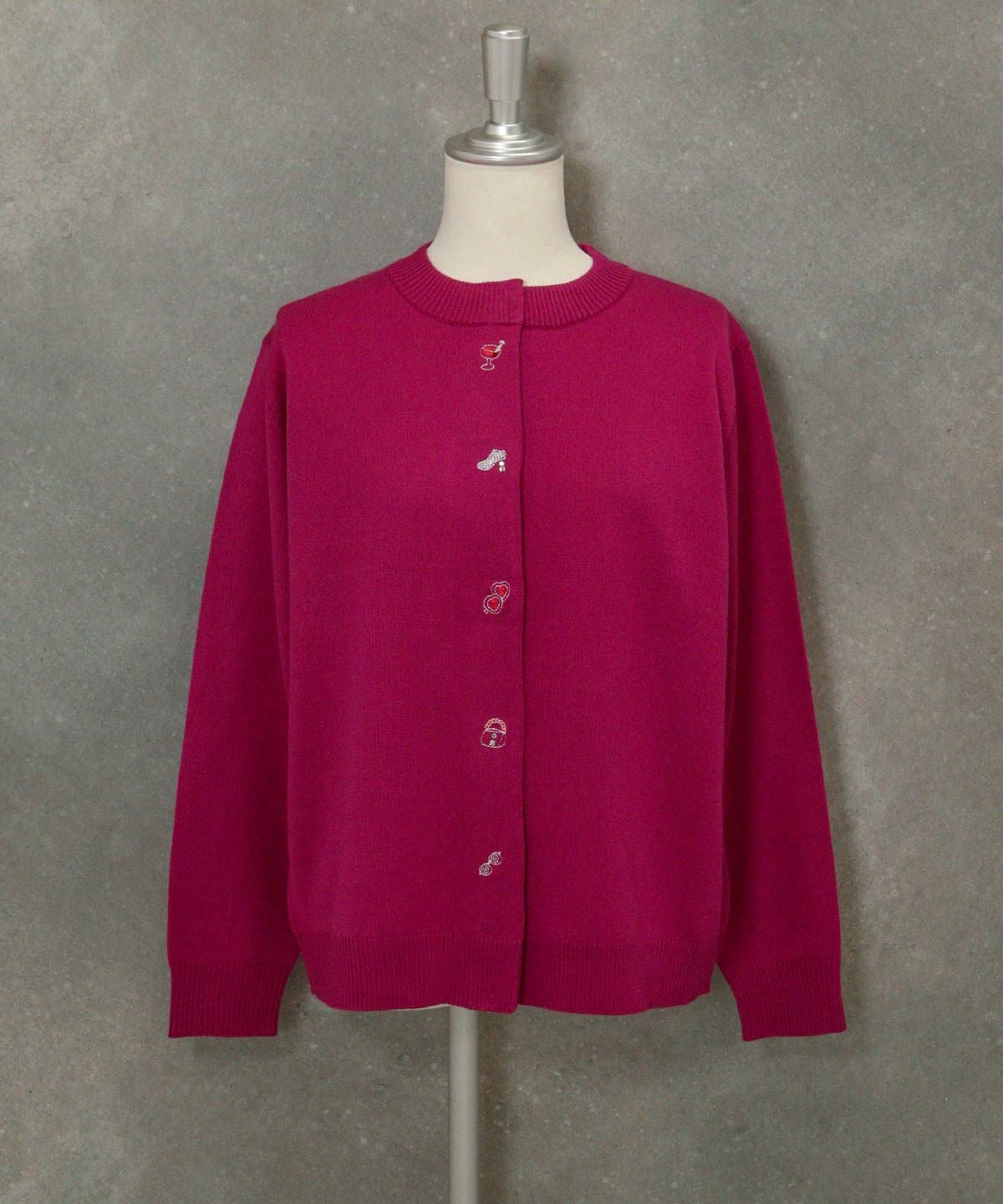 ウール混ボタン風刺繍カーディガン（パープル）