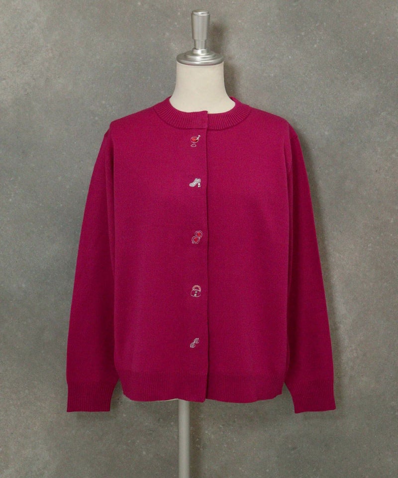 ウール混ボタン風刺繍カーディガン（パープル）