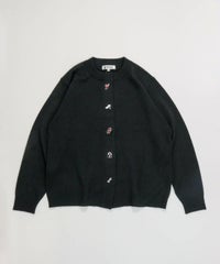 ウール混ボタン風刺繍カーディガン（ブラック）