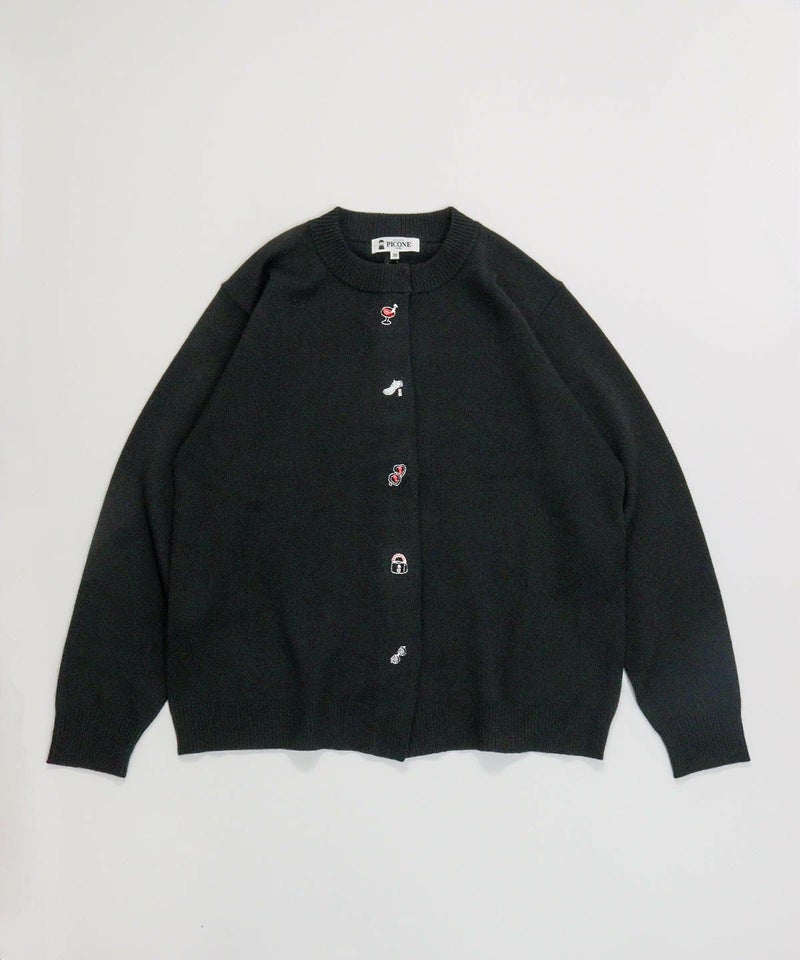 ウール混ボタン風刺繍カーディガン（ブラック）