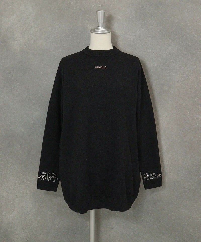 ウール混袖口刺繍ニット（ブラック）