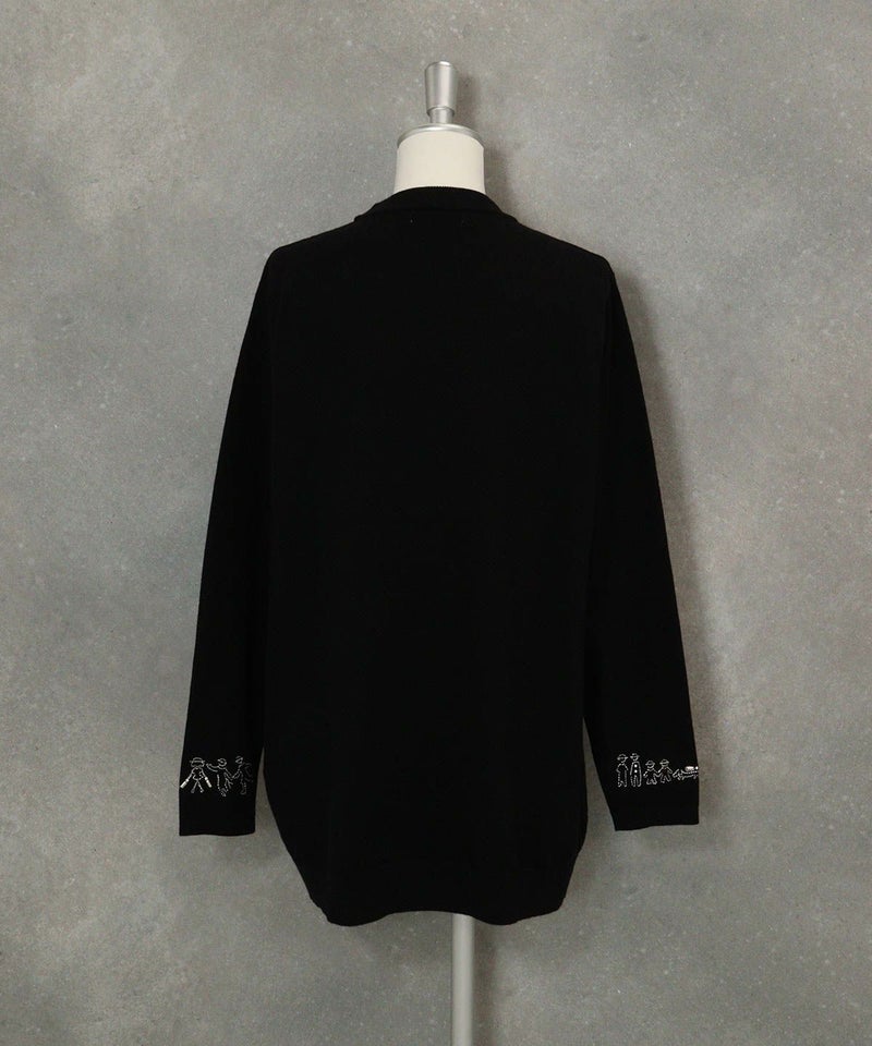 ウール混袖口刺繍ニット後（ブラック）