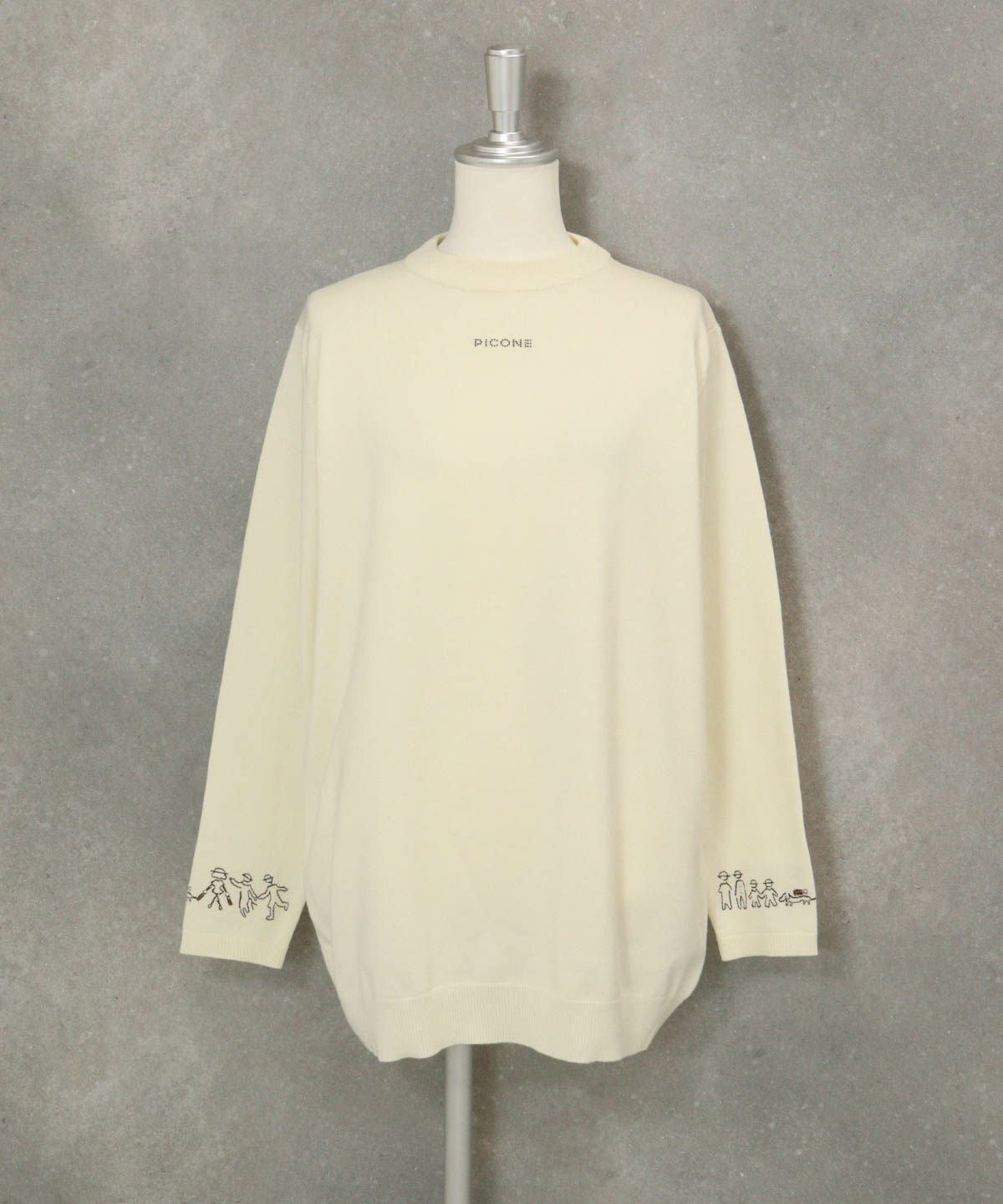 ウール混袖口刺繍ニット（ホワイト）