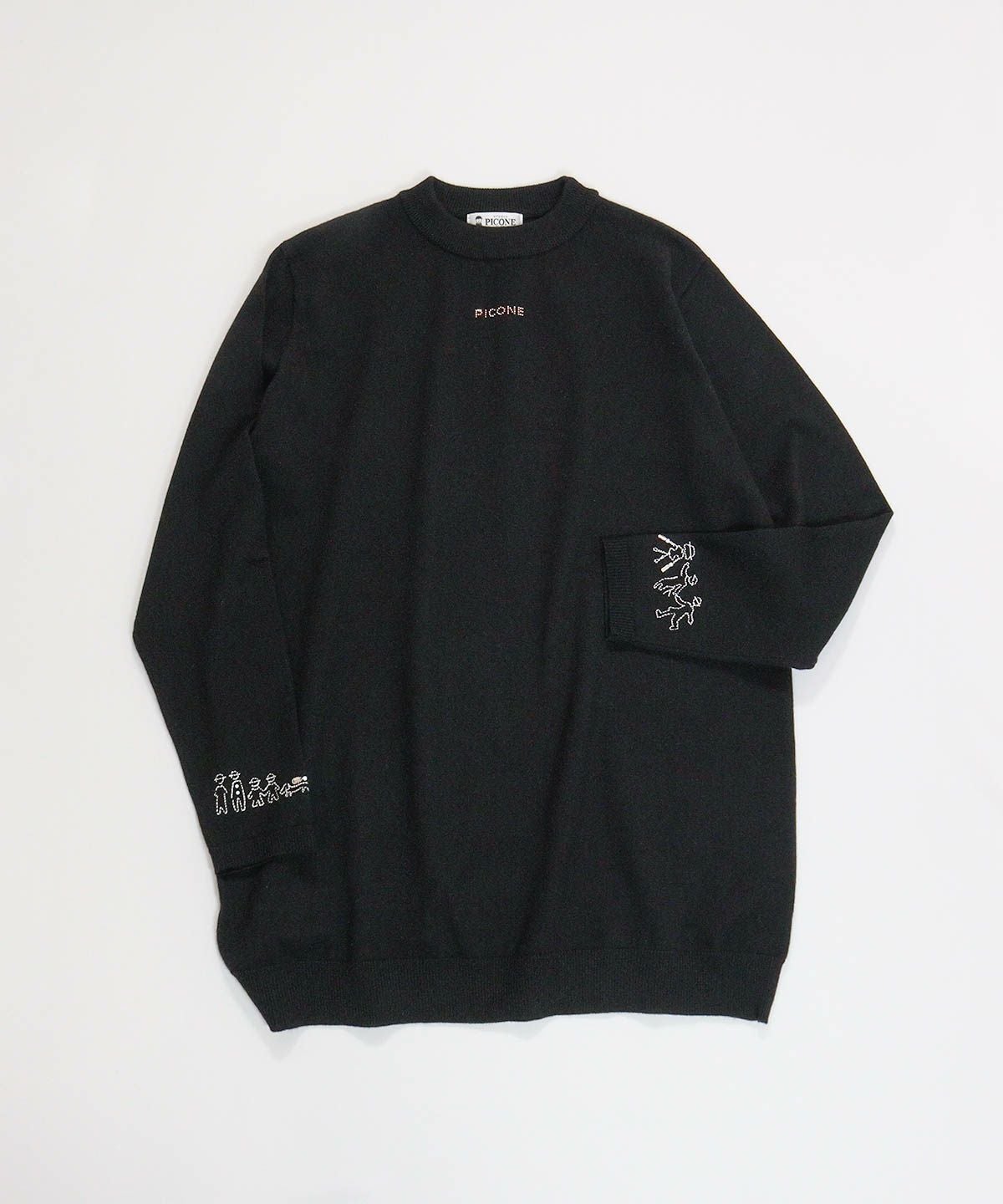 ウール混袖口刺繍ニット（ブラック）