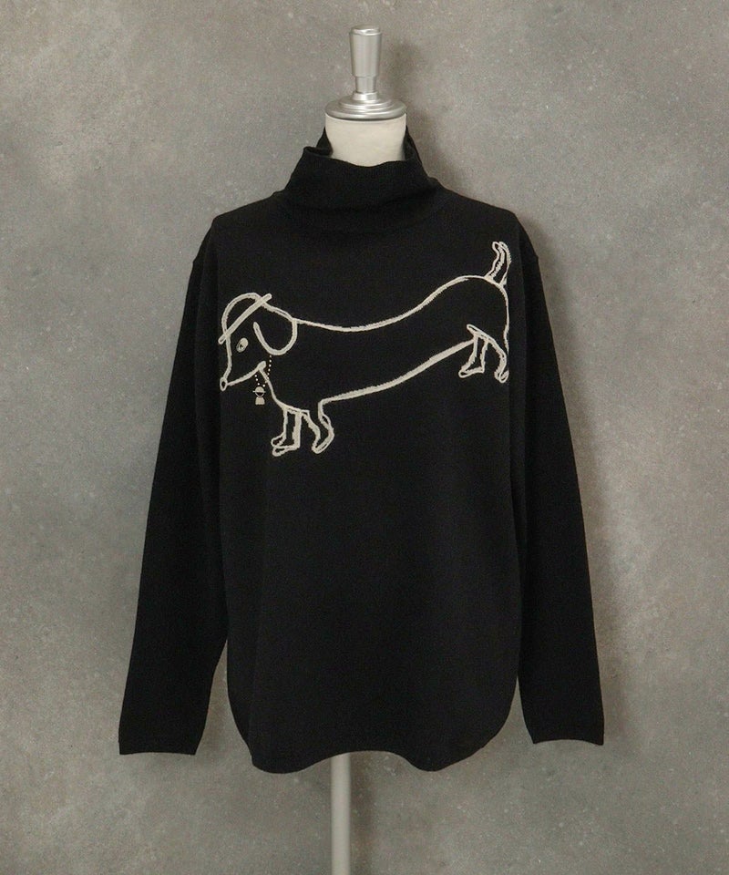 ウール100％DOG刺繍ハイネックニット（ブラック）