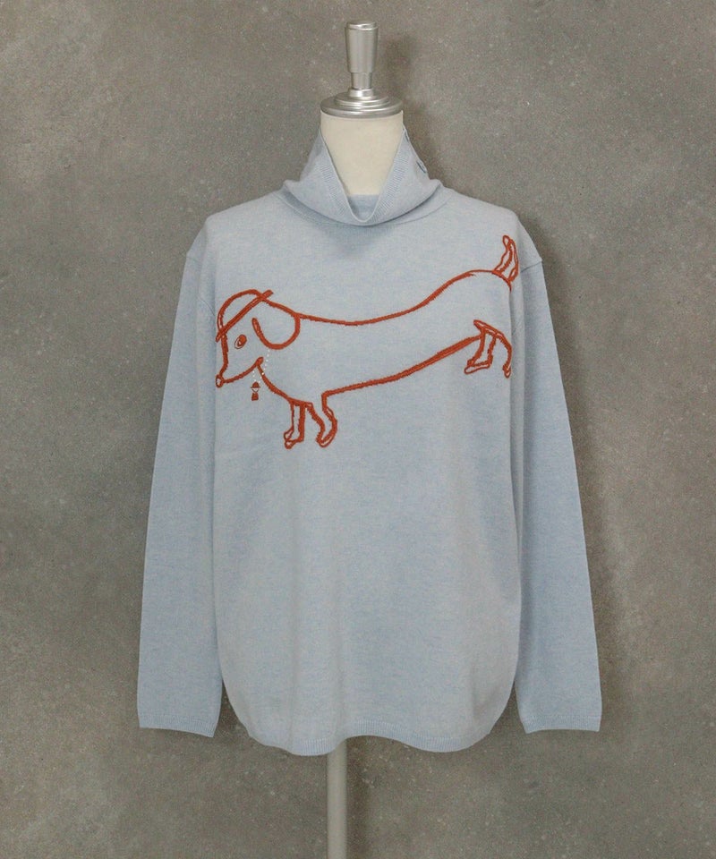 ウール100％DOG刺繍ハイネックニット（ライトブルー）