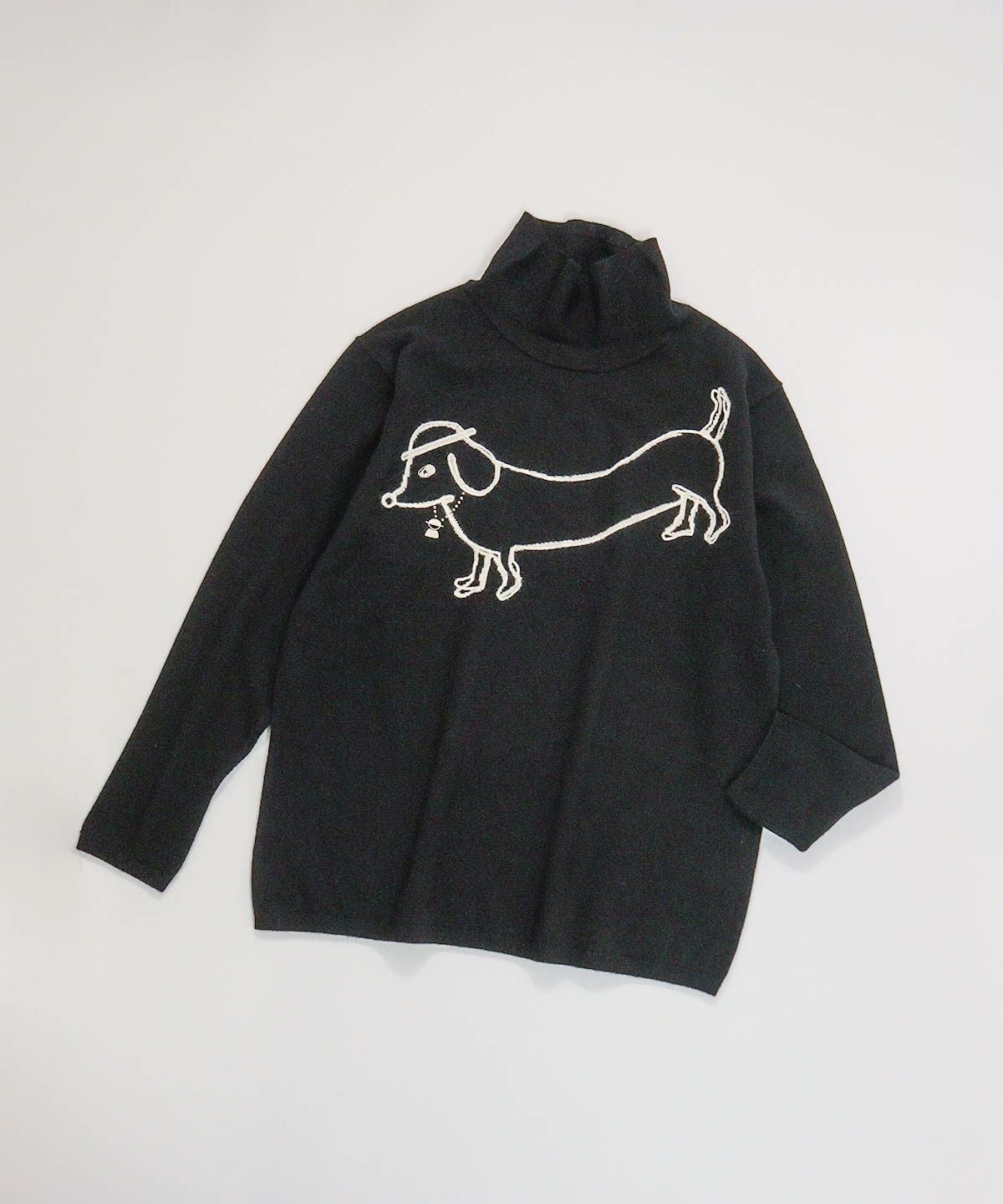 ウール100％DOG刺繍ハイネックニット（ブラック）