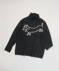 ウール100％DOG刺繍ハイネックニット（ブラック）