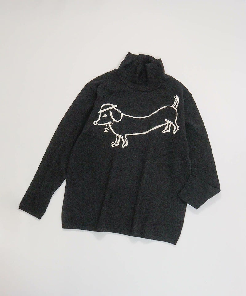 ウール100％DOG刺繍ハイネックニット（ブラック）