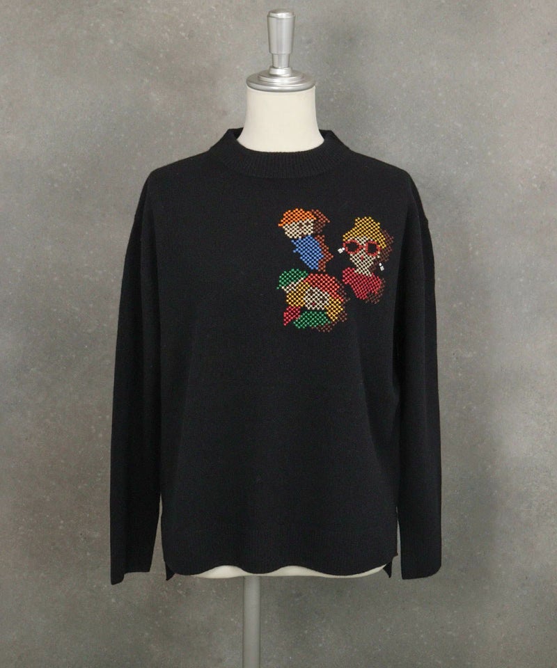 ウール100％ピクセル刺繍ニット（ブラック）