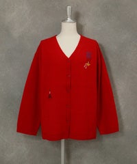 ウール100％ピクセル刺繍ニットカーディガン（レッド）