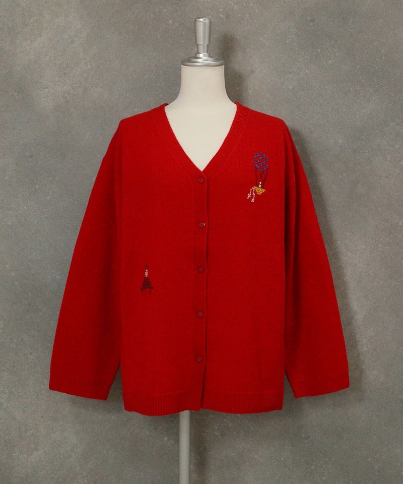 ウール100％ピクセル刺繍ニットカーディガン（レッド）