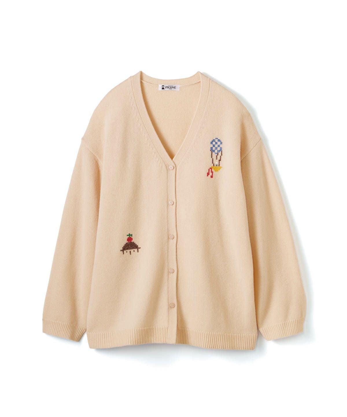 ウール100％ピクセル刺繍ニットカーディガン（ベージュ）