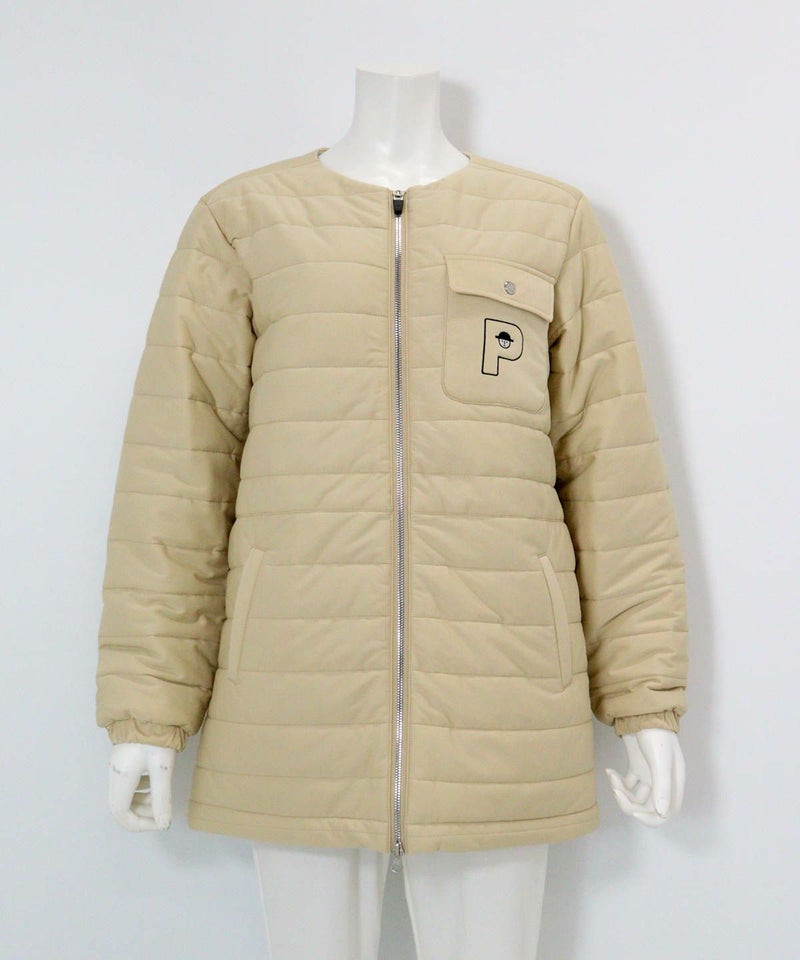 防風保温ノーカラー中綿ブルゾン（ベージュ）