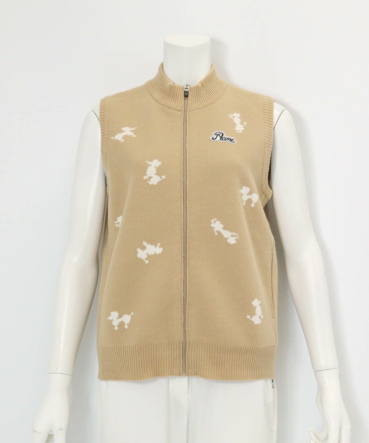 プードル柄発熱ニットベスト(ベージュ)前