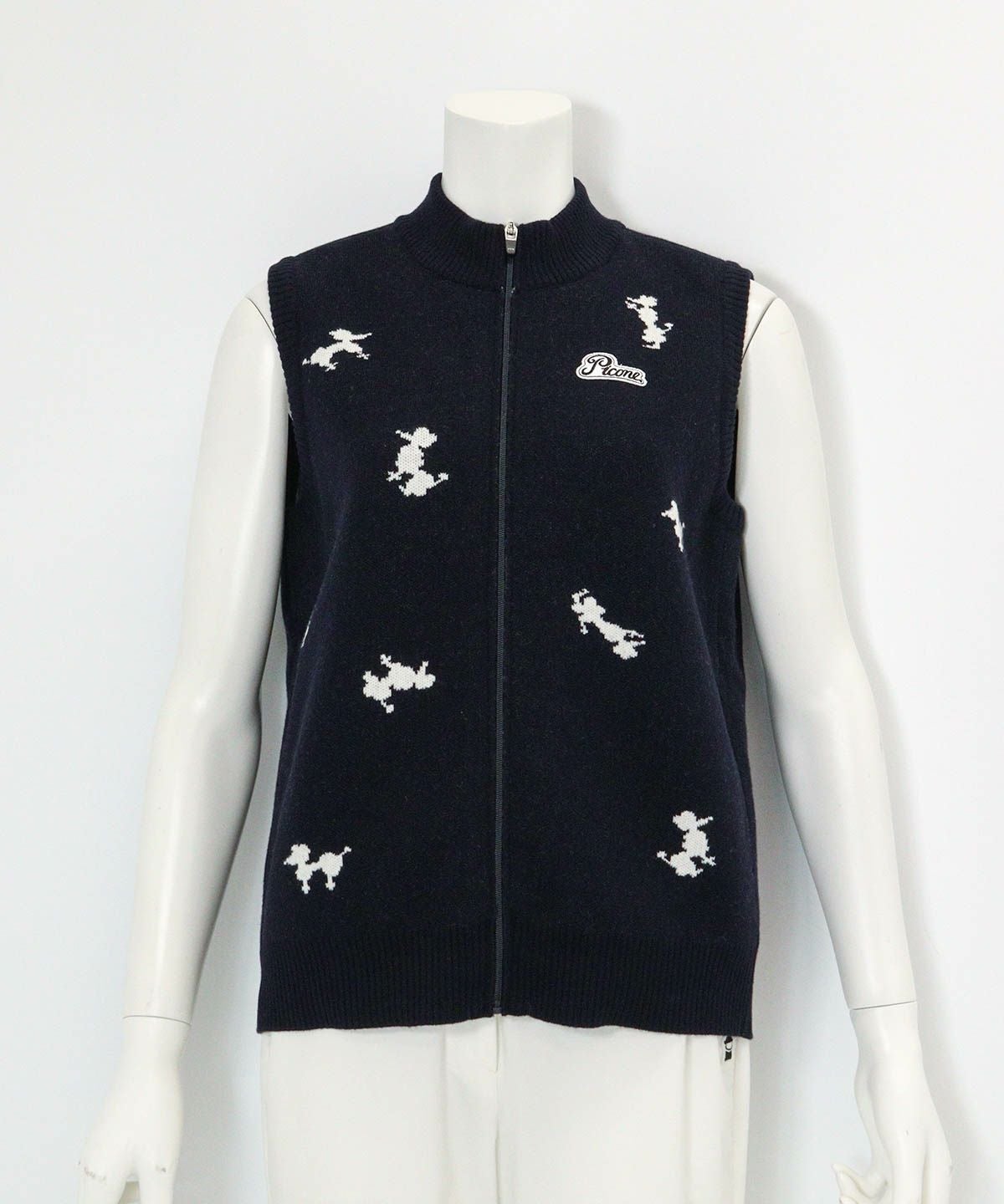 プードル柄発熱ニットベスト(ネイビー)前