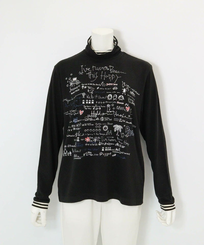 手描き風イラスト発熱素材プルオーバー(ブラック)前