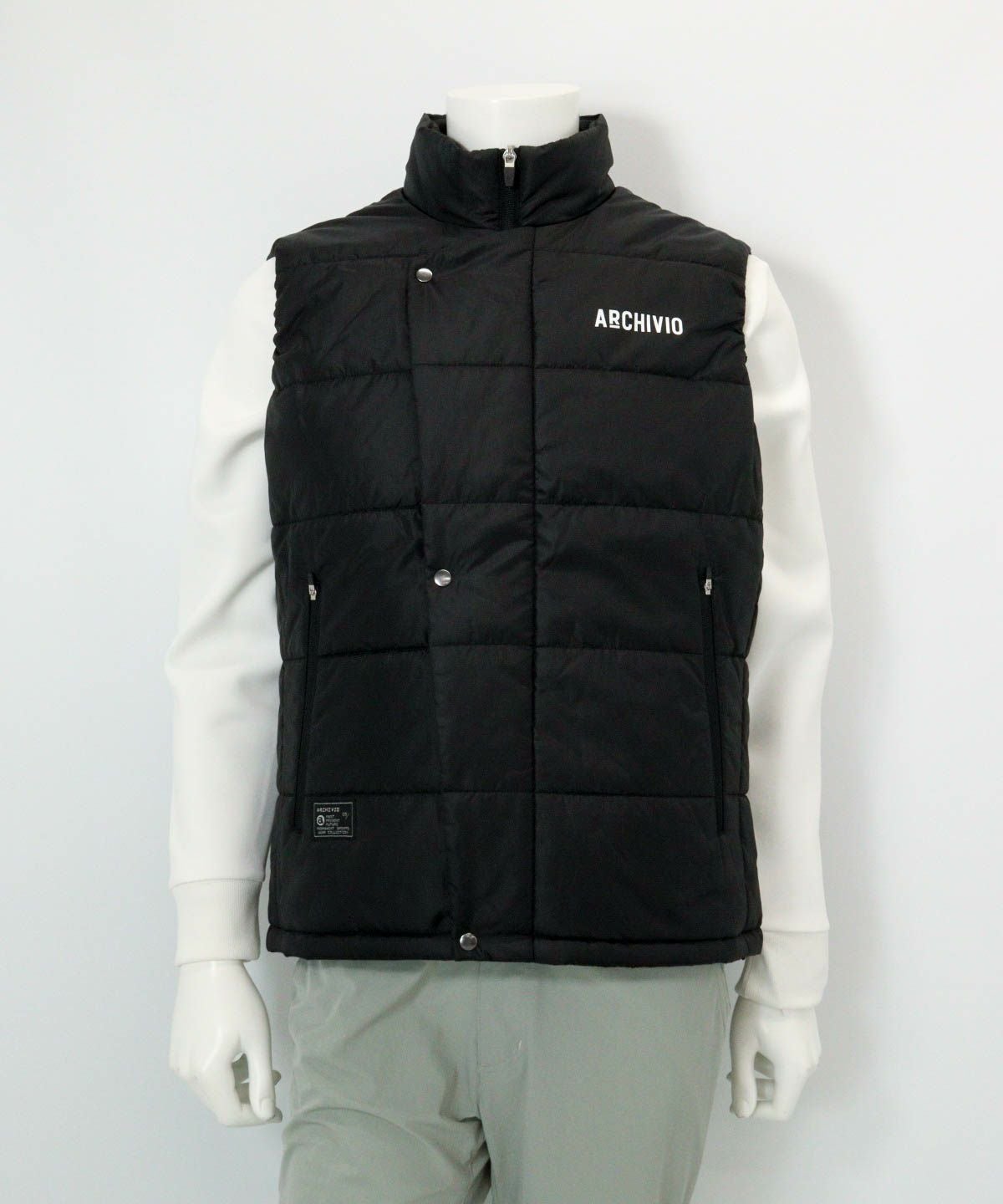 【メンズ】ジップアップ撥水中綿ベスト(ブラック)前