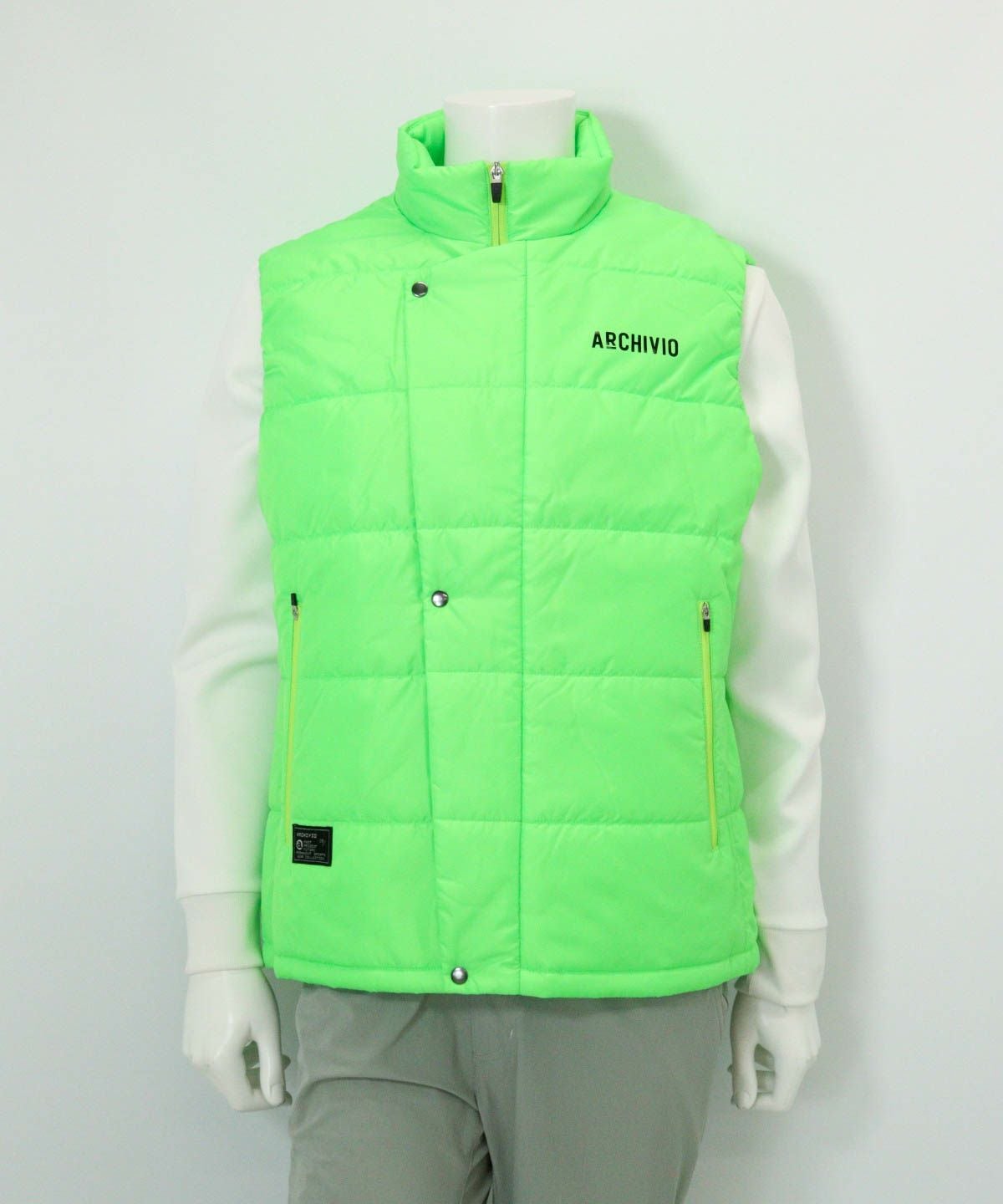 【メンズ】ジップアップ撥水中綿ベスト(ライトグリーン)前