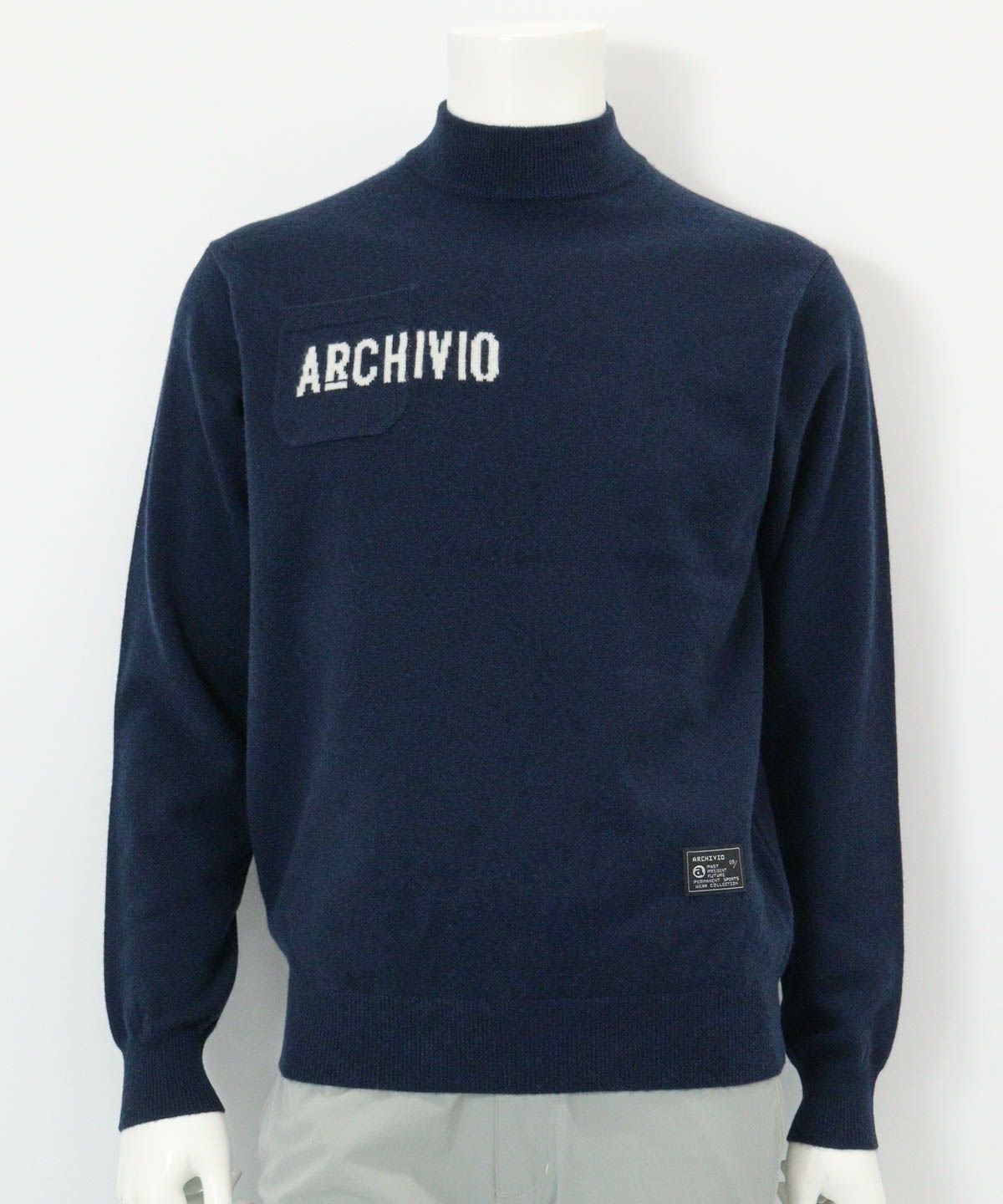 【メンズ】カシミヤ100％ロゴポケットニット(ネイビー)前