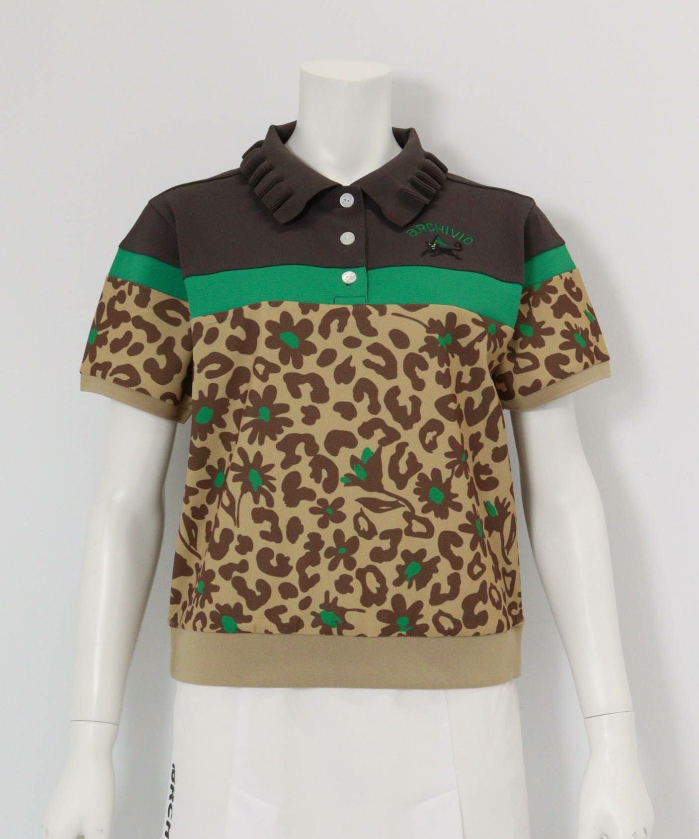 フリル襟配色UVポロシャツ(ブラウン×レオパード)前
