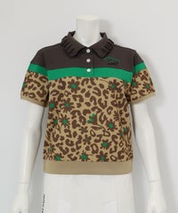 フリル襟配色UVポロシャツ(ブラウン×レオパード)前
