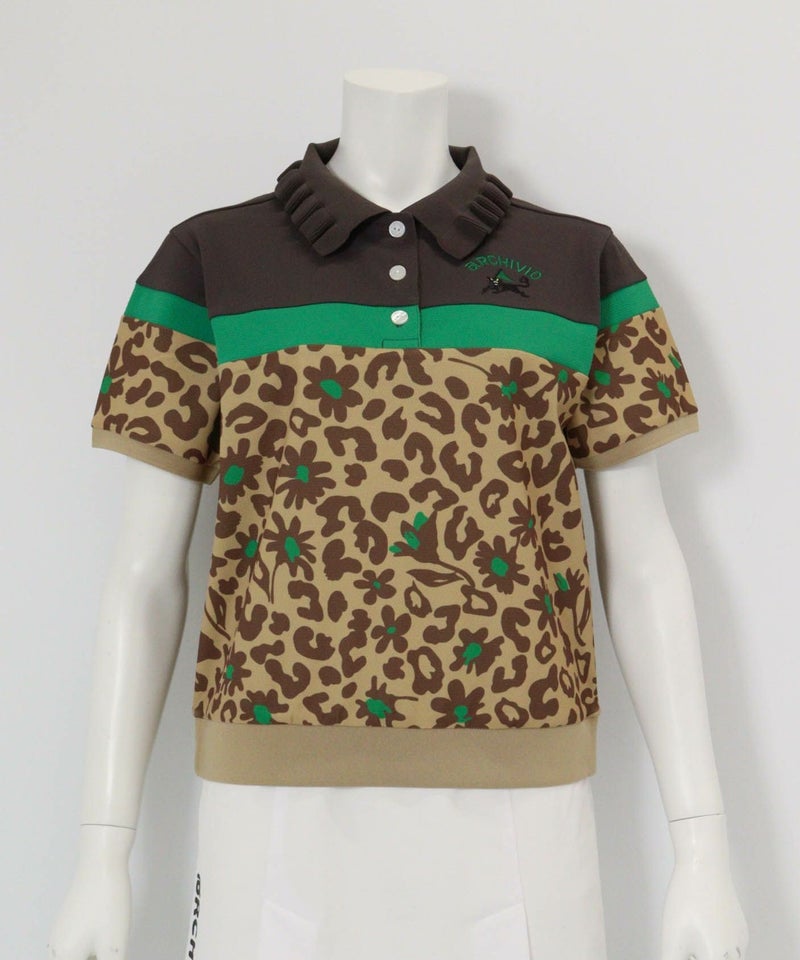 フリル襟配色UVポロシャツ(ブラウン×レオパード)前