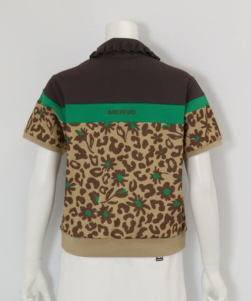 フリル襟配色UVポロシャツ(ブラウン×レオパード)後ろ