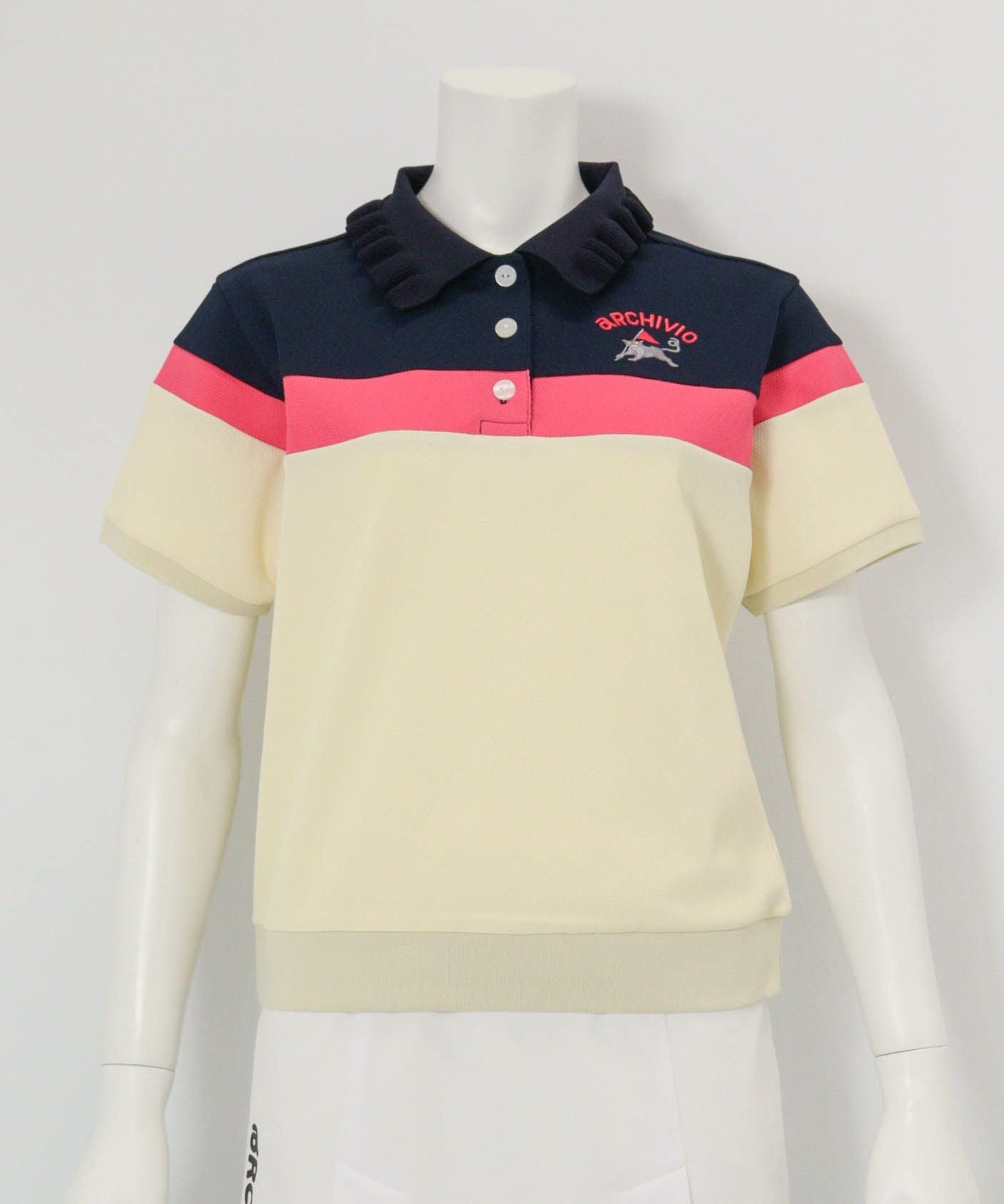 フリル襟配色UVポロシャツ(ネイビー×アイボリー)前