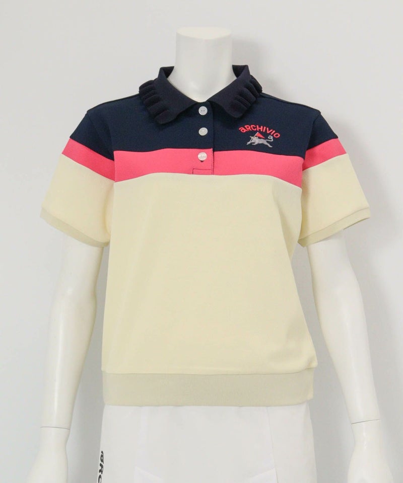 フリル襟配色UVポロシャツ(ネイビー×アイボリー)前