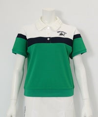 フリル襟配色UVポロシャツ(ホワイト×グリーン)前