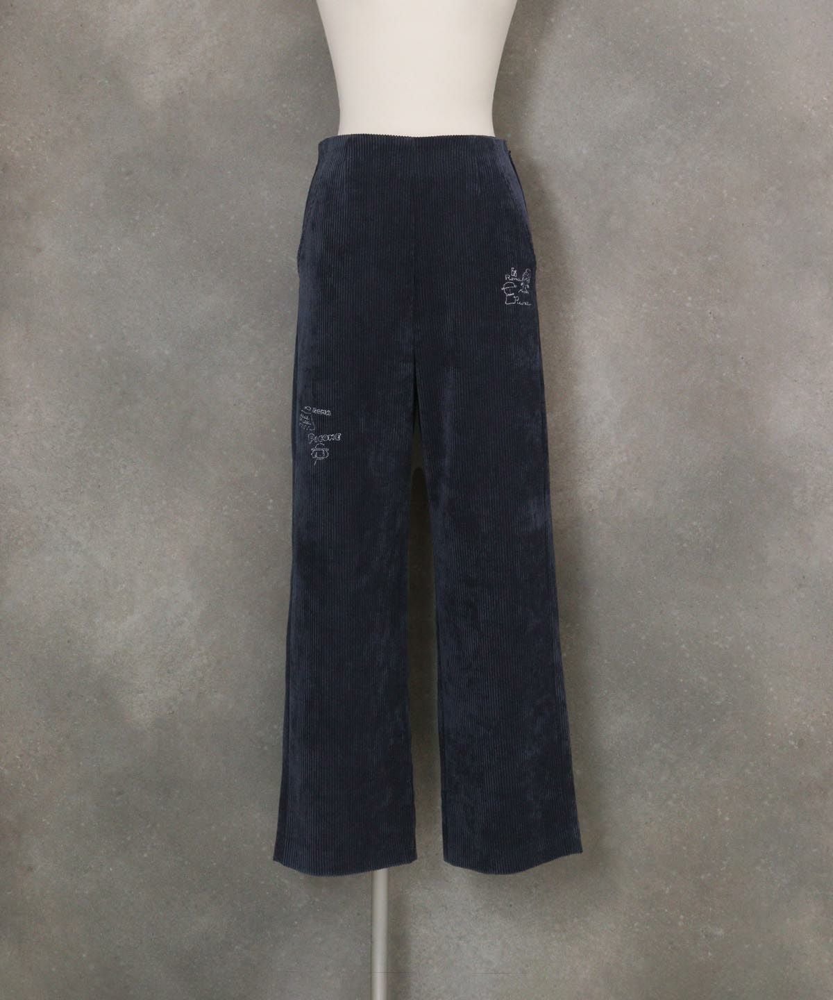 コーデュロイ刺繍ワイドパンツ（ネイビー）