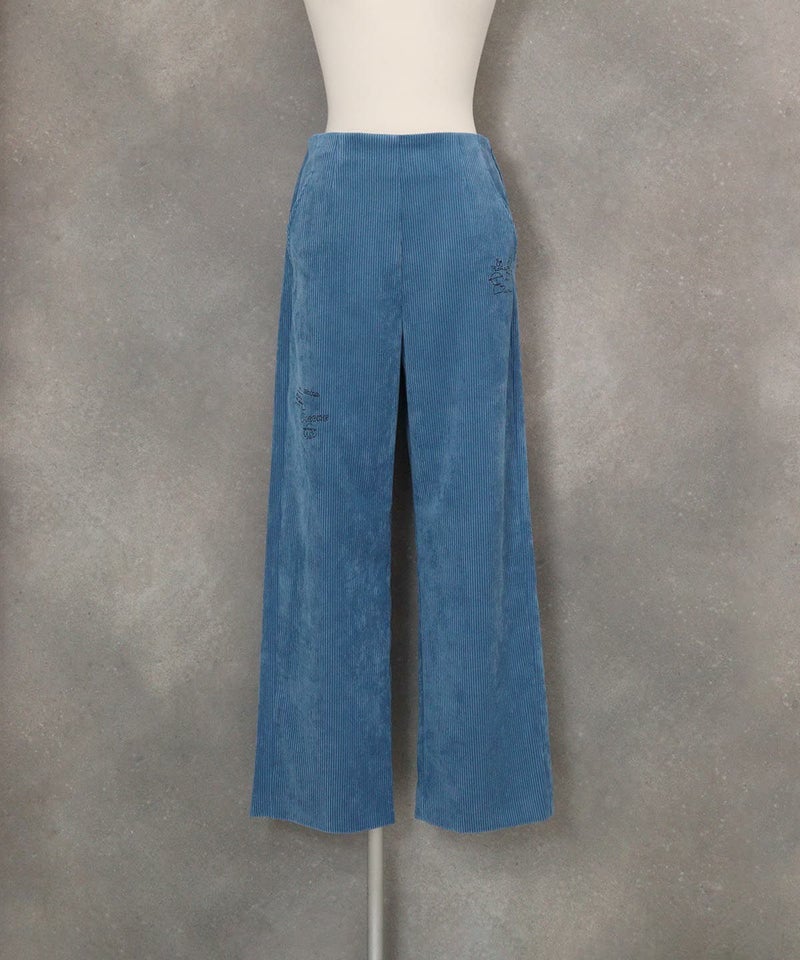 コーデュロイ刺繍ワイドパンツ（ブルー）