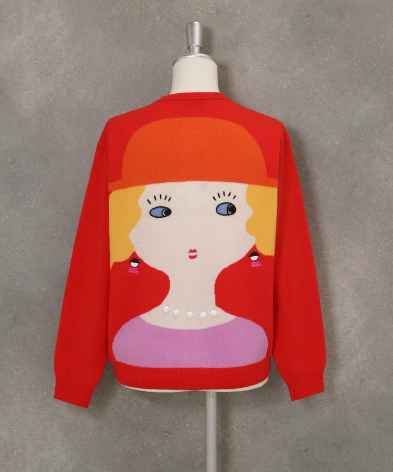 ウール100％バックイラストカーディガン後ろ（レッド）