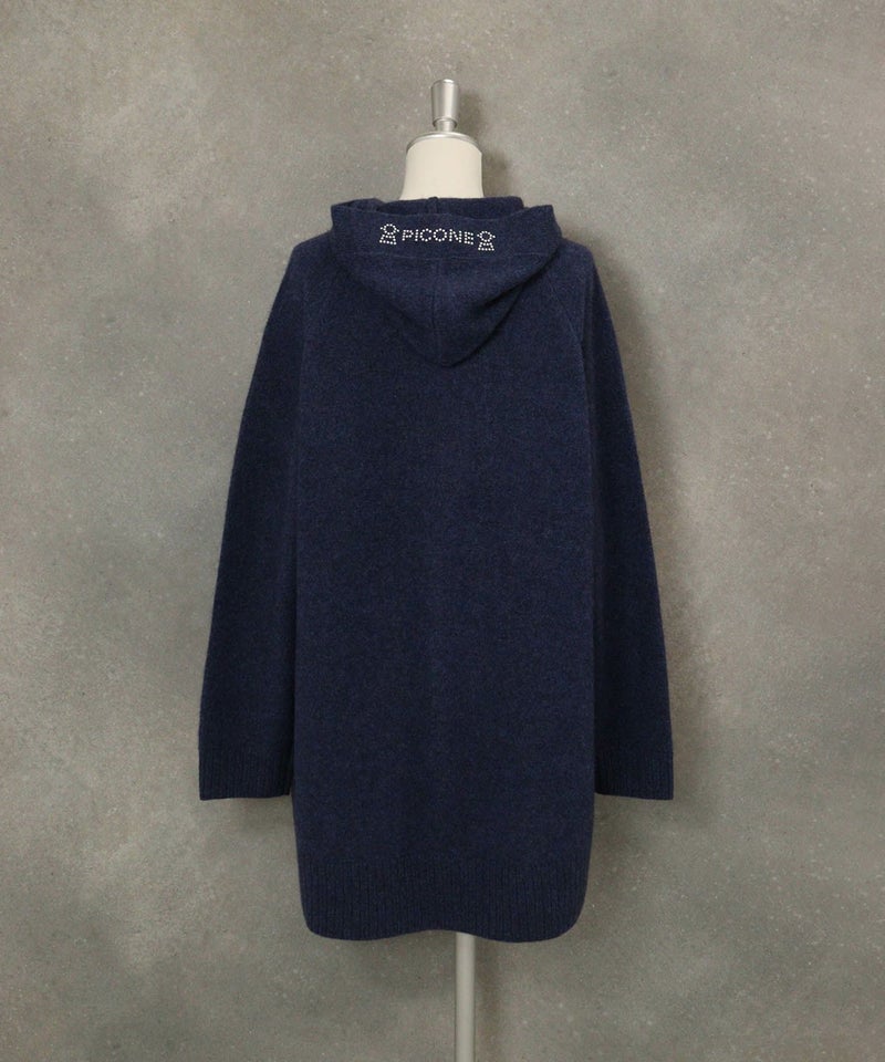 ヤク100％フードニットカーディガン（ネイビー）