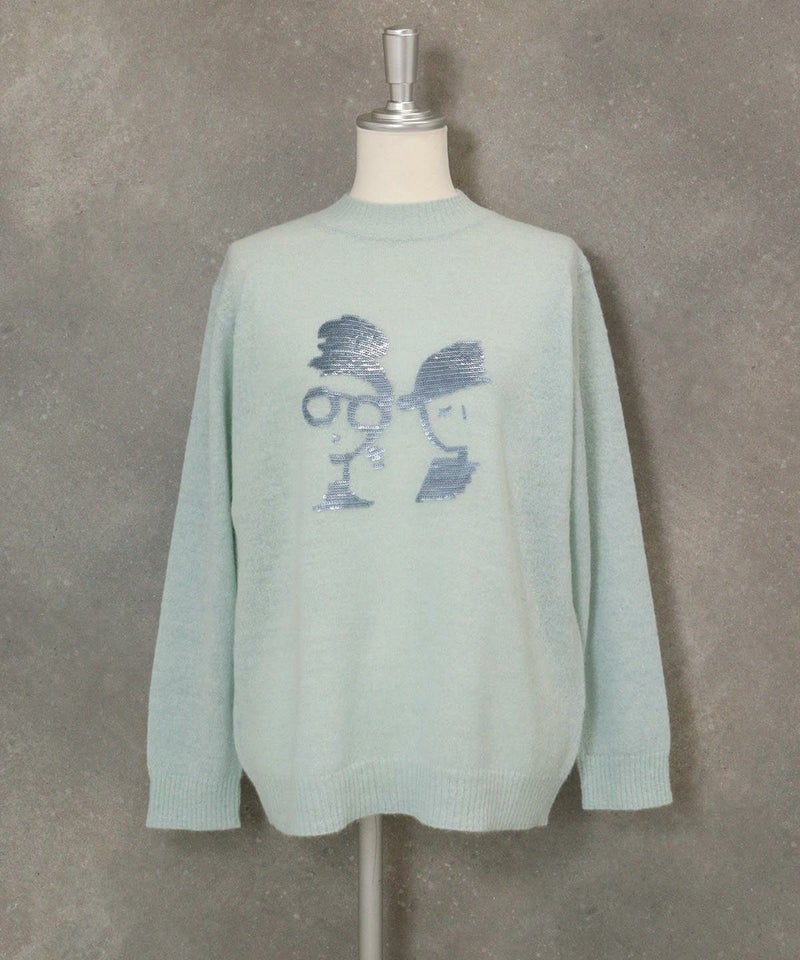 アルパカ混スパンコール刺繍ニット（ライトブルー）