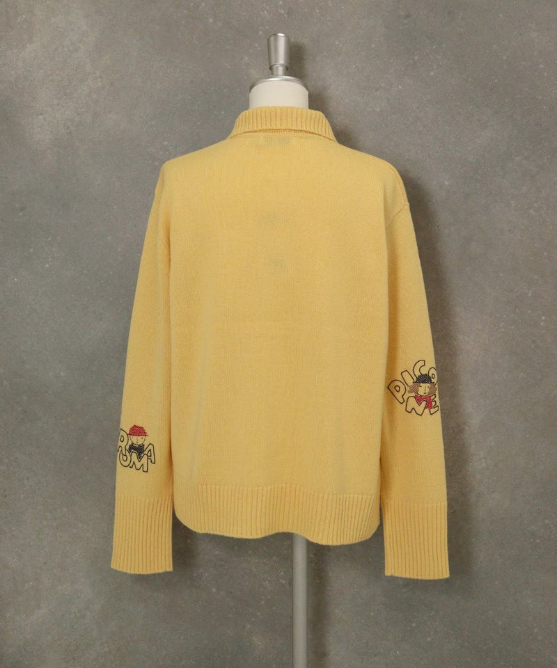 ウール100％袖刺繍ニットカーディガン後（イエロー）