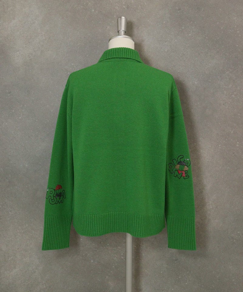ウール100％袖刺繍ニットカーディガン後（グリーン）