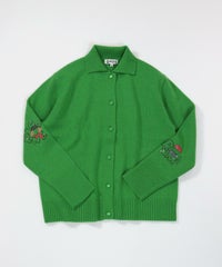 ウール100％袖刺繍ニットカーディガン（グリーン）