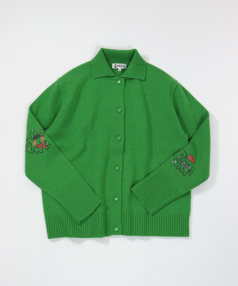 ウール100％袖刺繍ニットカーディガン（グリーン）
