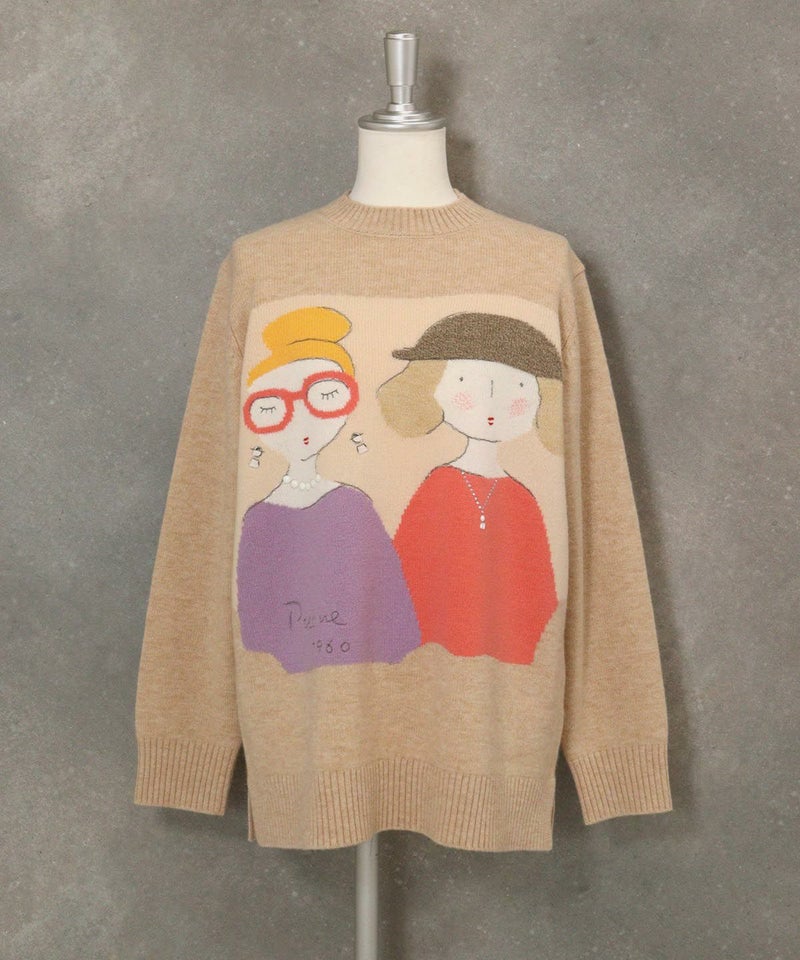 ウール100％BIGイラストニット（ベージュ）