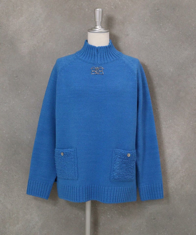 ウール混パイル風ポケットニット（ブルー）