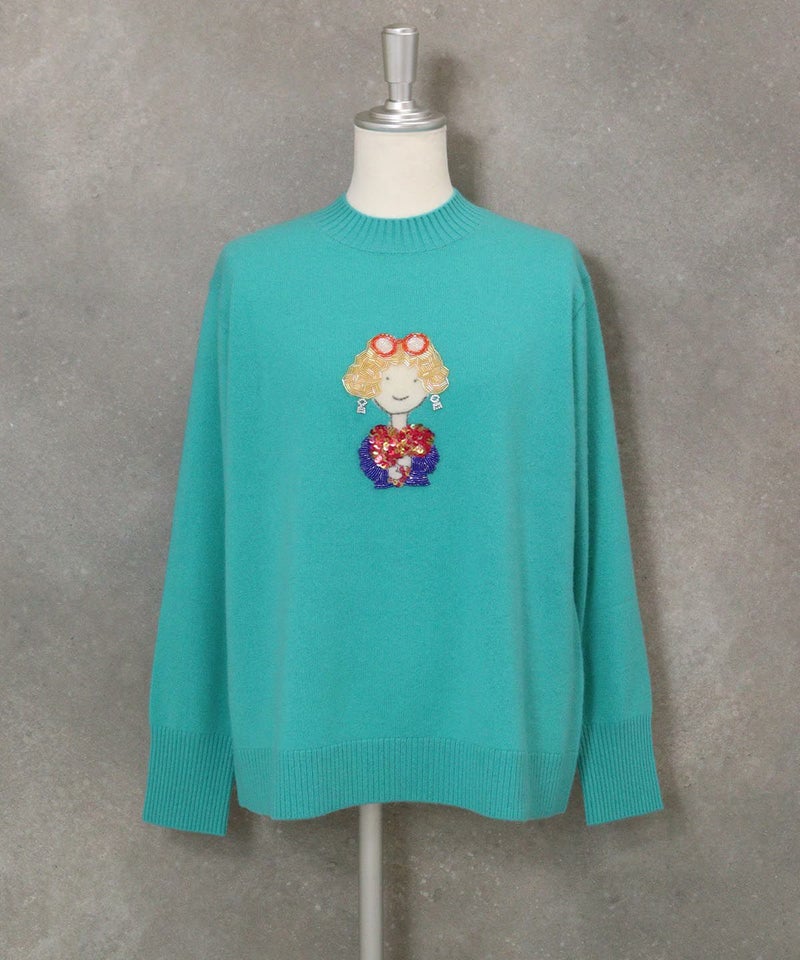 カシミヤ100％ビーズ刺繍ニット（ライトグリーン）