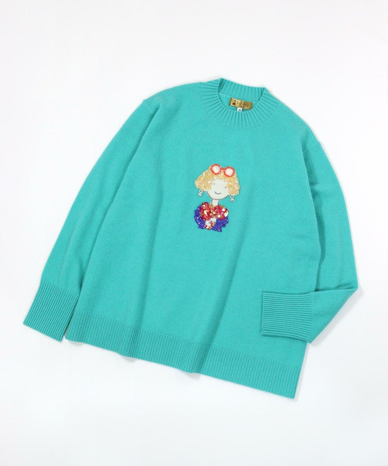 カシミヤ100％ビーズ刺繍ニット（ライトグリーン）