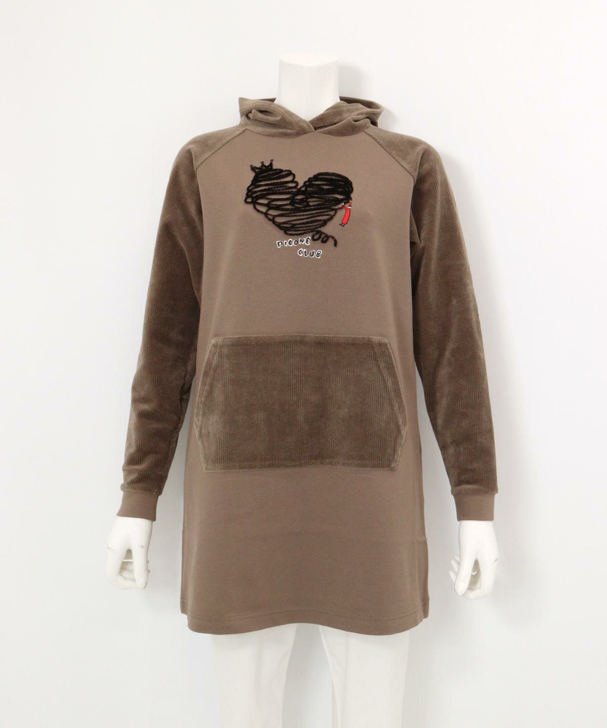 フワリ刺繍発熱チュニック丈パーカー(ブラウン)前