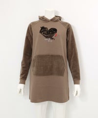 フワリ刺繍発熱チュニック丈パーカー(ブラウン)前